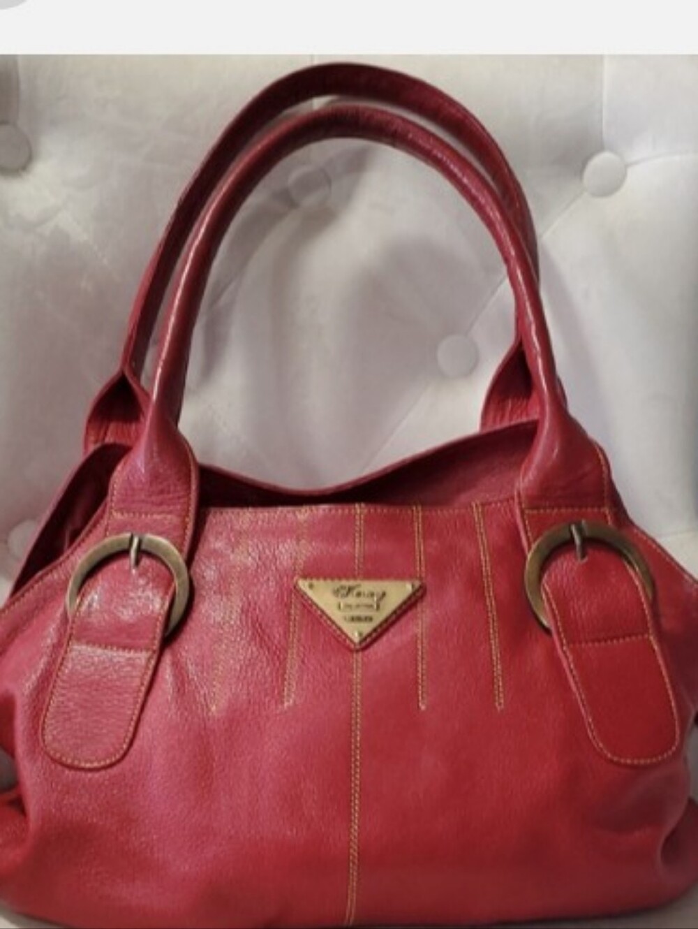 Red Leather Shoulder Tote with Gold Accents